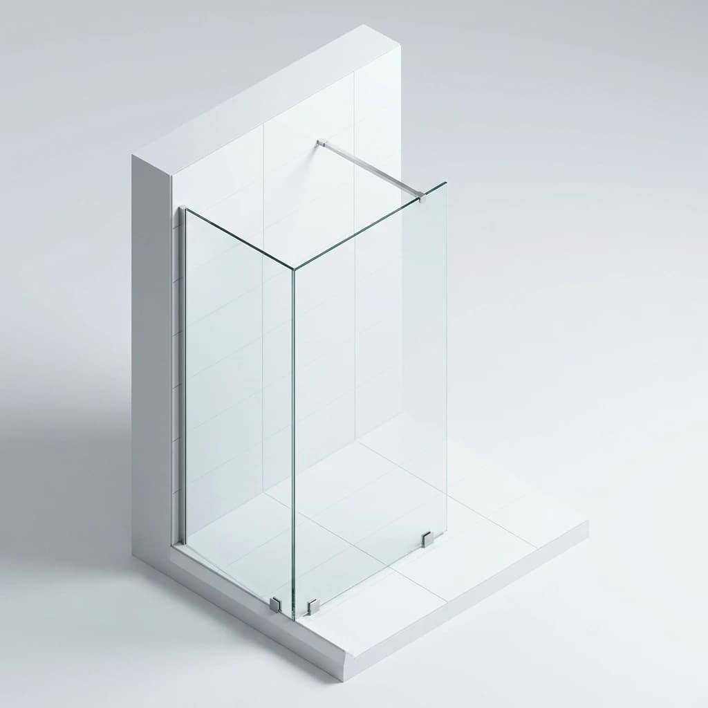 Walk-In Dusche mit freistehender Glaswand und offenem Einstieg rechts
